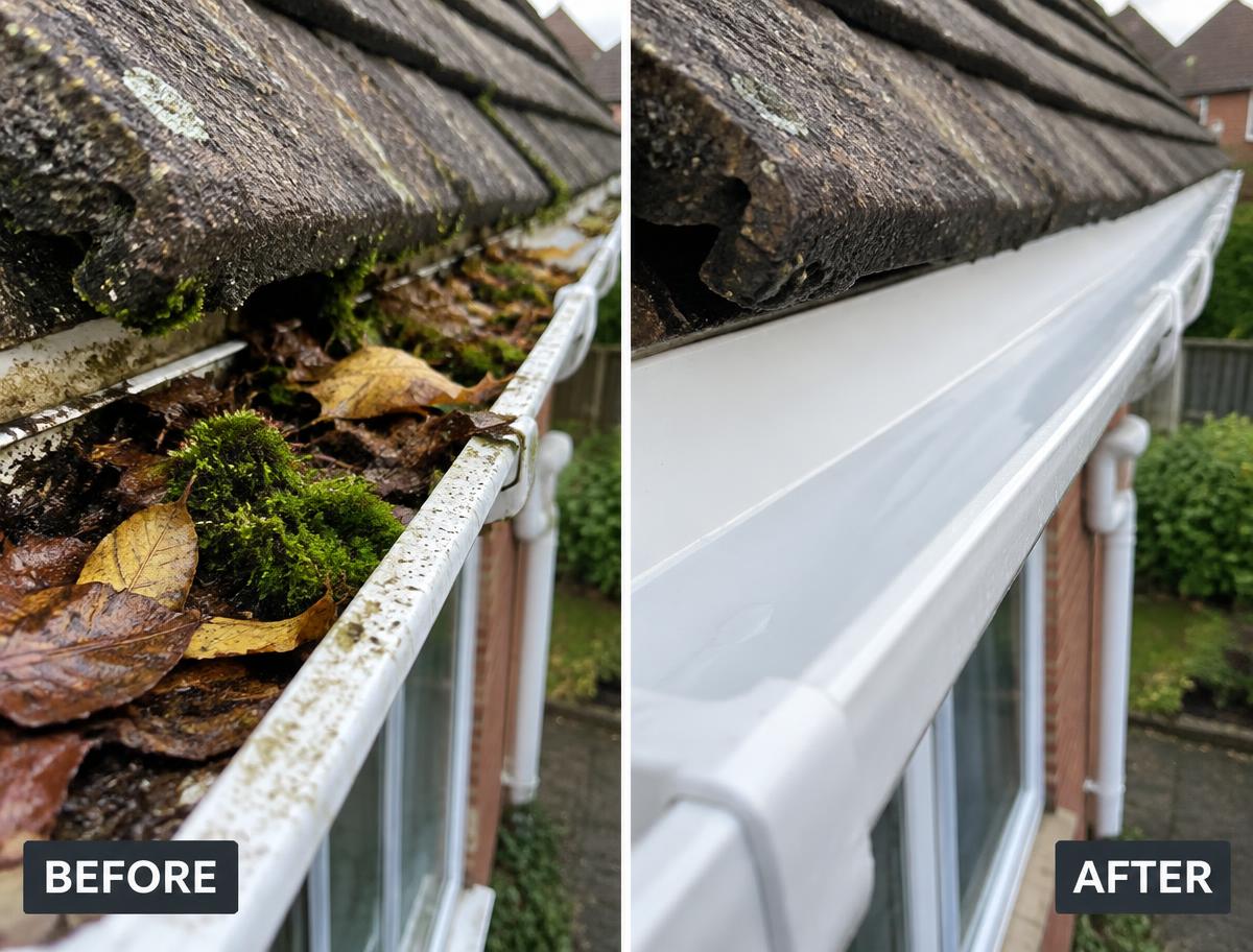 Blocked gutter full of leaves and moss before cleaning, and the same gutter clean afterwards